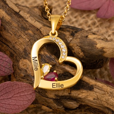 Personalised Heart Shaped Necklace with 2 Names and Birthstones Gifts for Her Anniversary Gifts Christmas Gifts