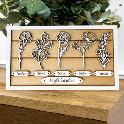 Custom Birth Flower Garden Frame Gift for Mum Grandma  Personalised Family Sign