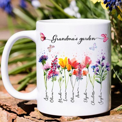 Personalised Nana's Garden Birth Month Flower Mug With Grandkids Names Gift Ideas for Mum Grandma