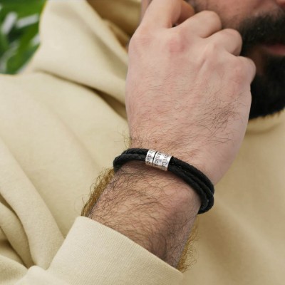 Custom Black Braided Silver Engraved Name Beads Leather Bracelet Gifts For Him Father's Day Gift For Dad