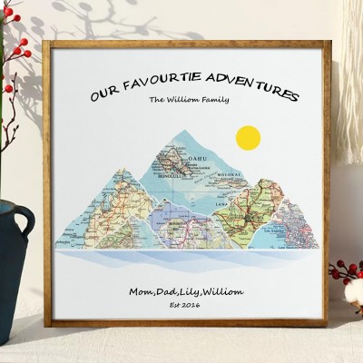 Custom Couples Travel Map Mountain Wall Art Anniversary Gifts for Husband Wife Couples Engagement Gifts