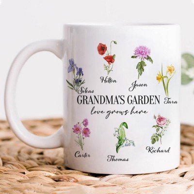 Custom Birth Month Flower Grandma's Garden Mug with Grandkids Names Love Gift Ideas for Mum Grandma Birthday Gift