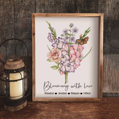 Personalised Grandma's Garden Birth Flower Bouquet Print Art Gift Ideas for Grandma Mum Christmas Gifts