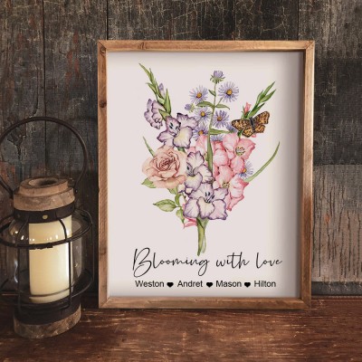 Personalised Grandma's Garden Birth Flower Bouquet Print Art Gift Ideas For Grandma Mum Wife Her