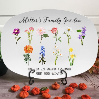 Personalised Family Garden Birth Month Flower Platter with Engraved Names Love Gift for Grandma