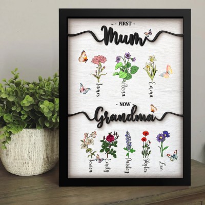 Custom First Mum Now Grandma Birth Flowers Frame Sign With Kids Names Family Gift For Mum Grandma Mother's Day Gift Ideas