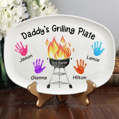 Personalised BBQ Daddy's Grilling Plate with Handprint and Kids Name Father's Day Gift