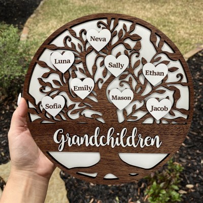 Personalised Wooden Grandparents Family Tree Sign Engraved Names in Heart Lovely Family Anniversary Gift For Mum Grandma