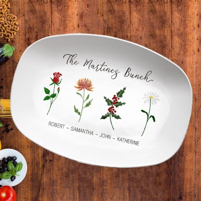 Personalised Birth Month Flower Engraved Names Platter Gift for Mum Family Gift