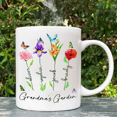 Grandma's Garden Birth Month Flower Mug with Grandkids Names Personalised Gift Ideas for Mum Grandma Family Keepsake Gift