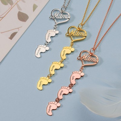 18K Gold Plating Personalised Mum Necklace With Baby Feet 1-10 Pendants