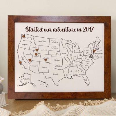 Personalised Travel Map Push Pin USA Map Custom Wedding Anniversary Gift for Wife Valentine's Day Gift for Boyfriend