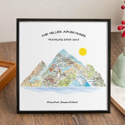 Personalised Family Mountain Travel Map Wedding Anniversary Gift For Girlfriend Couples Wife Her