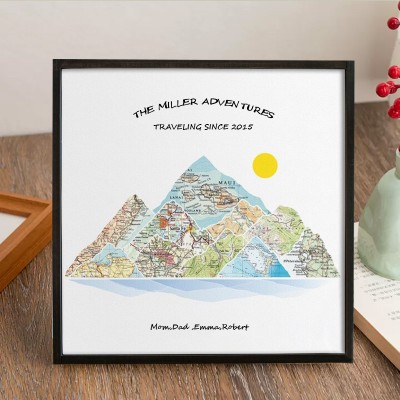 Custom Family Mountain Travel Map Personalised Couples Gift for Girlfriend Wedding Anniversary Gift for Wife