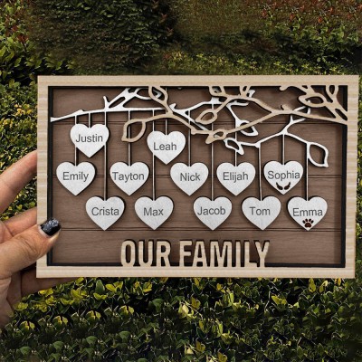 Personalised Family Tree Wooden Sign Hanging Heart Name Frame Gift for Grandparents from Grandkids Love Gift for Mum