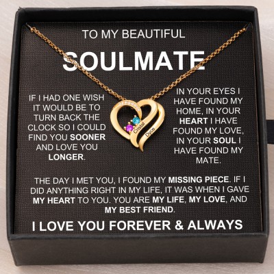 Custom To My Soulmate Heart Shaped Pendant Necklace With Couple Names And Birthstones Anniversary Day Gift For Wife Valentine's Day Gift For Girlfriend Birthday Gift For Best Friend