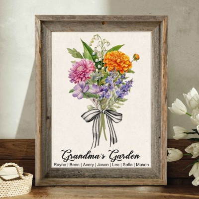 Custom Mimi's Garden Frame With Birth Flower Bouquet And Kids Names Gift For Mum Grandma Mother's Day Gift