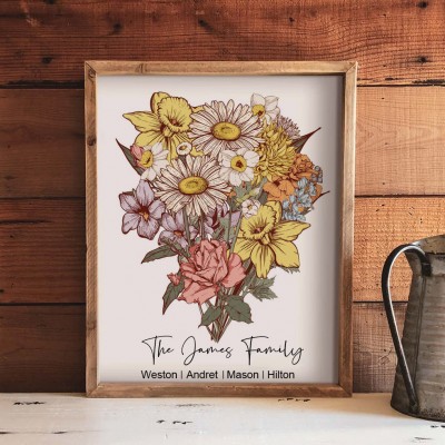Personalised Grandma's Garden Birth Flower Bouquet Art Print Gift For Grandma Mum Wife Her