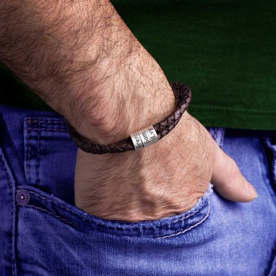 Personalised Handmade Adjustable Men Leather Bracelet With Silver Engraved Name Beads Special Gift for Dad Father's Day Gift Ideas