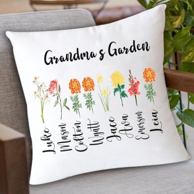 Mama's Garden Pillow Custom Birth Flower Pillow with Kids Names Gift for Mum Grandma Love Gift 