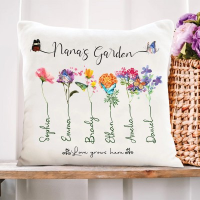 Custom Nana's Garden Birth Flower Pillow With Grandkids Names Unique Gift for Grandma Mum 