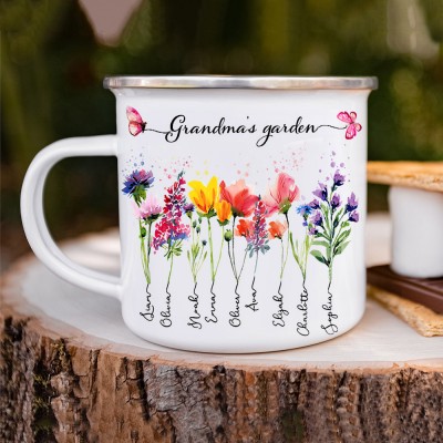 Custom Mimi's Garden Birth Month Flower Camping  Coffee Mug with Kids Names Gift Ideas for Grandma Mum Birthday Gifts for Her