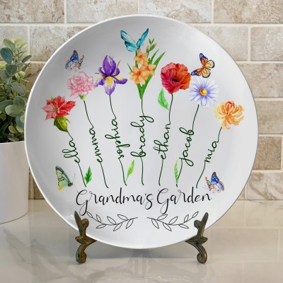 Grandma's Garden Plate with Kids Names Personalised Family Birth Flower Platter Gift Ideas for Grandma Mum
