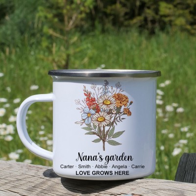 Custom Mum's Garden Birth Month Flower Bouquet Camping Coffee Mug with Kids Names Gift Ideas for Mum Grandma 