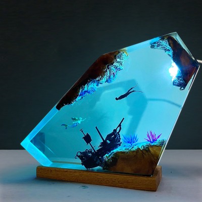 Mermaid Night Light Little Mermaid And Diver Resin Wood Lamp