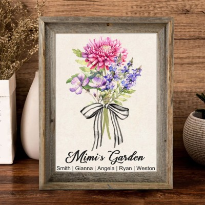 Custom Mum's Garden Frame With Birth Flower Bouquet And Kids Names Personalised Gift For Mum Grandma Mother's Day Gift