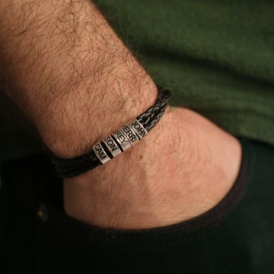 Personalised Men Engraved Beads Leather Bracelet With Kids Name Gift For Dad Father's Day Gift Ideas