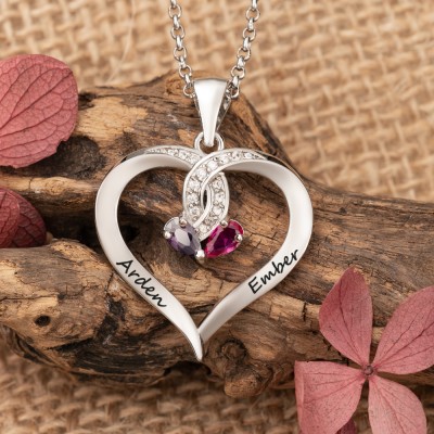 Personalised Couple Heart  Shaped Names Necklace With Birthstones Unique Gifts for Girlfriend Birthday Gift For Lover Special Anniversary Gifts Valentine's Day Gift