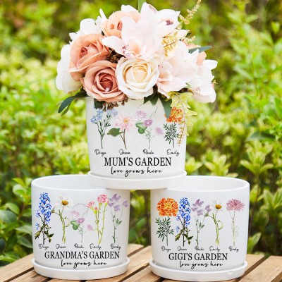 Personalised Grandma's Garden Birth Flower Outdoor Pot with Grandkids Names Mother's Day Gift