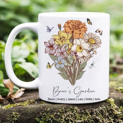 Custom Garden Birth Flower Bouquet Mug With Kids' Names Personalised Family Gift For Mum Grandma Mother's Day Gifts Ideas
