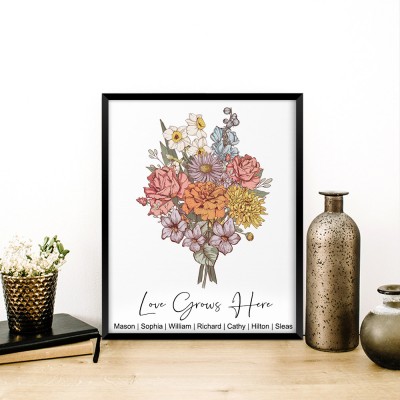 Personalised Grandma's Garden Birth Month Flower Bouquet Art Print Frame with Grandkids Names