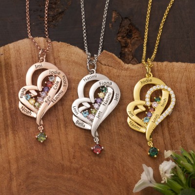 Personalised Art Heart Mum Necklace With Kids Names And Birthstones Family Keepsake Gifts For New Mum Birthday Gift For Mum Grandma Mother's Day Gift