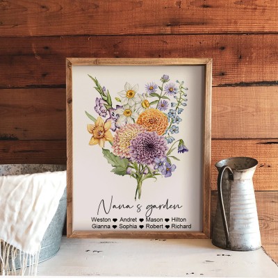 Personalised Family Birth Month Flowers Bouquet Wood Sign Family Birthday Gifts For Grandma Mum Wife Her