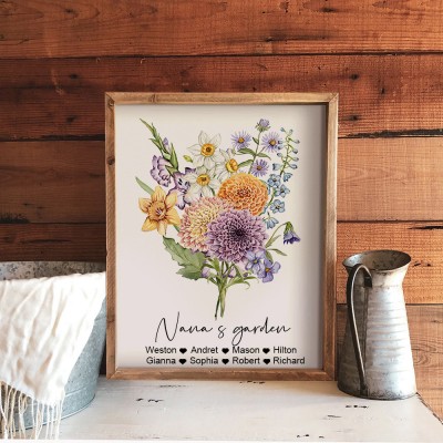 Custom Family Birth Month Flowers Bouquet Wood Sign Gifts for Mum Family Keepsake Gifts Birthday Gifts for Grandma from Grandkids