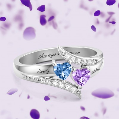 S925 Sterling Silver Personalised Double Heart Birthstone Promise Ring For Her