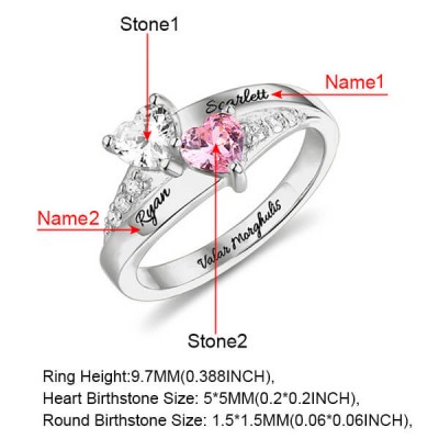 Personalised S925 Silver Engraved Heart-Shaped Birthstones Ring with 1-8 Names For Mum