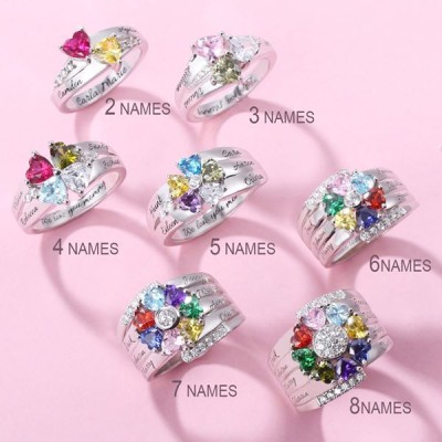 Personalised S925 Silver Engraved Heart-Shaped Birthstones Ring with 1-8 Names For Mom