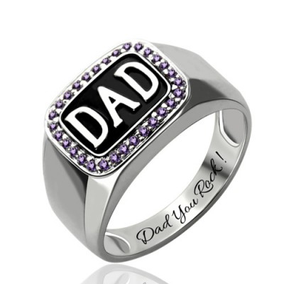 S925 Sterling Silver Men's Birthstone Dad Ring Platinum Plated For Him