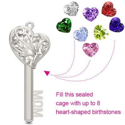 Personalised Mum Heart Cage Key Necklace With 1-8 Birthstones