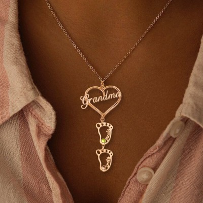 Personalized Grandma Heart Necklace with 1-10 Hollow Baby Feet Birthstone Charms