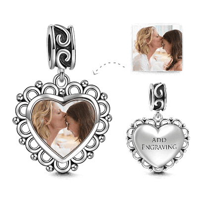 Heart Dangle Engraved Photo Charm Silver