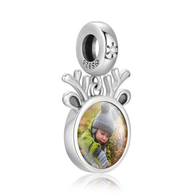 Round Dangle Engraved Photo Charm With Swarovski Crystal Silver