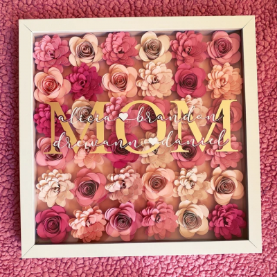 Personalised Paper Flower Shadow Box with Kids Names Gift for Mum