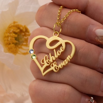 Personalised Couple Heart Names Necklace With Birthstones