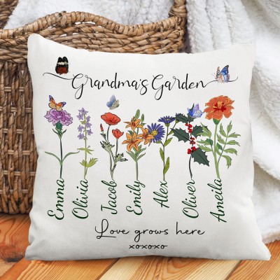 Custom Grandma's Garden Birth Flower Pillow with Kids Names Gift Ideas for Mum Grandma New Mum Gift Family Gift 