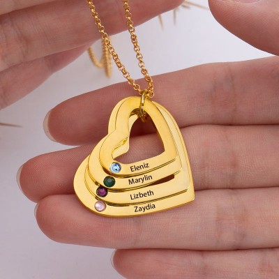 18K Gold Plating Personalised Heart Shaped Family Birthstone Necklace with Engraved 1-4 Names